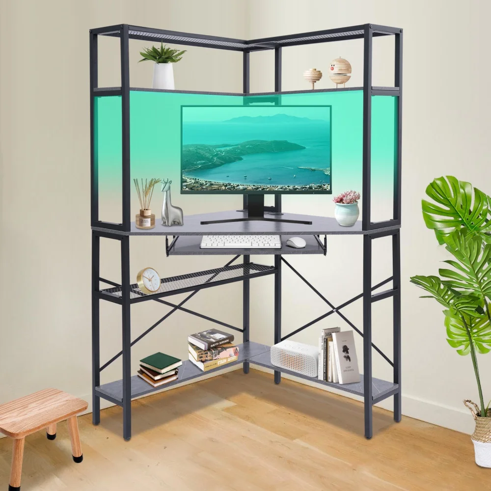 Modern Corner Computer Desk with LED Lighting & Storage Shelves Space-Saving L-Shaped PC Workstation