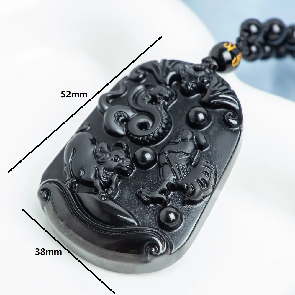 TIMESWIND Natural Obsidian Black Zodiac Snake Rooster Ox Guardian Pendant Men Bead Necklace with Certificate - Image 2