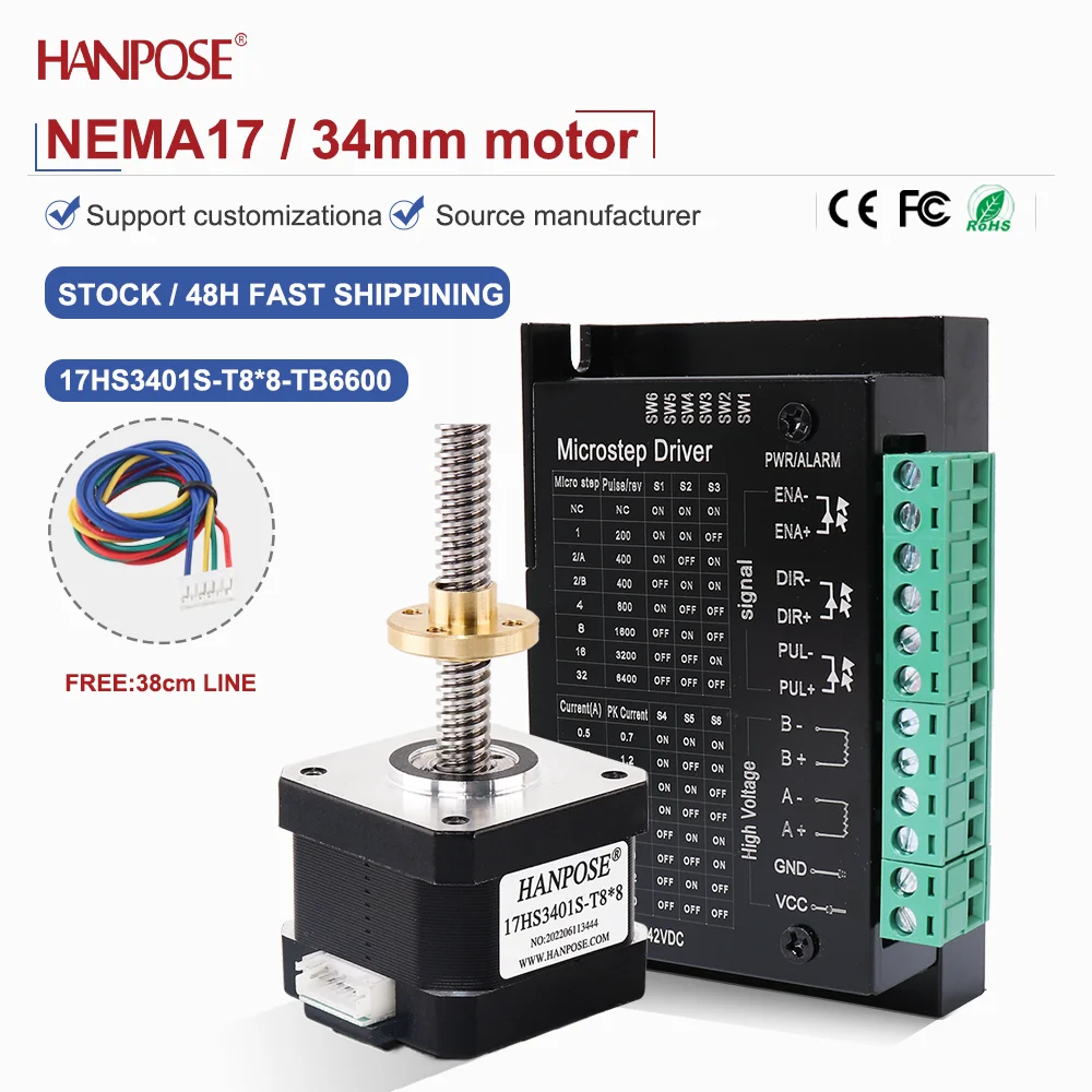 

NEMA17 выходной винт шаговый двигатель 17HS3401S-T8*8 + TB6600 привод 1,3 А 100-400 мм трапециевидный винт трапециевидная резьба