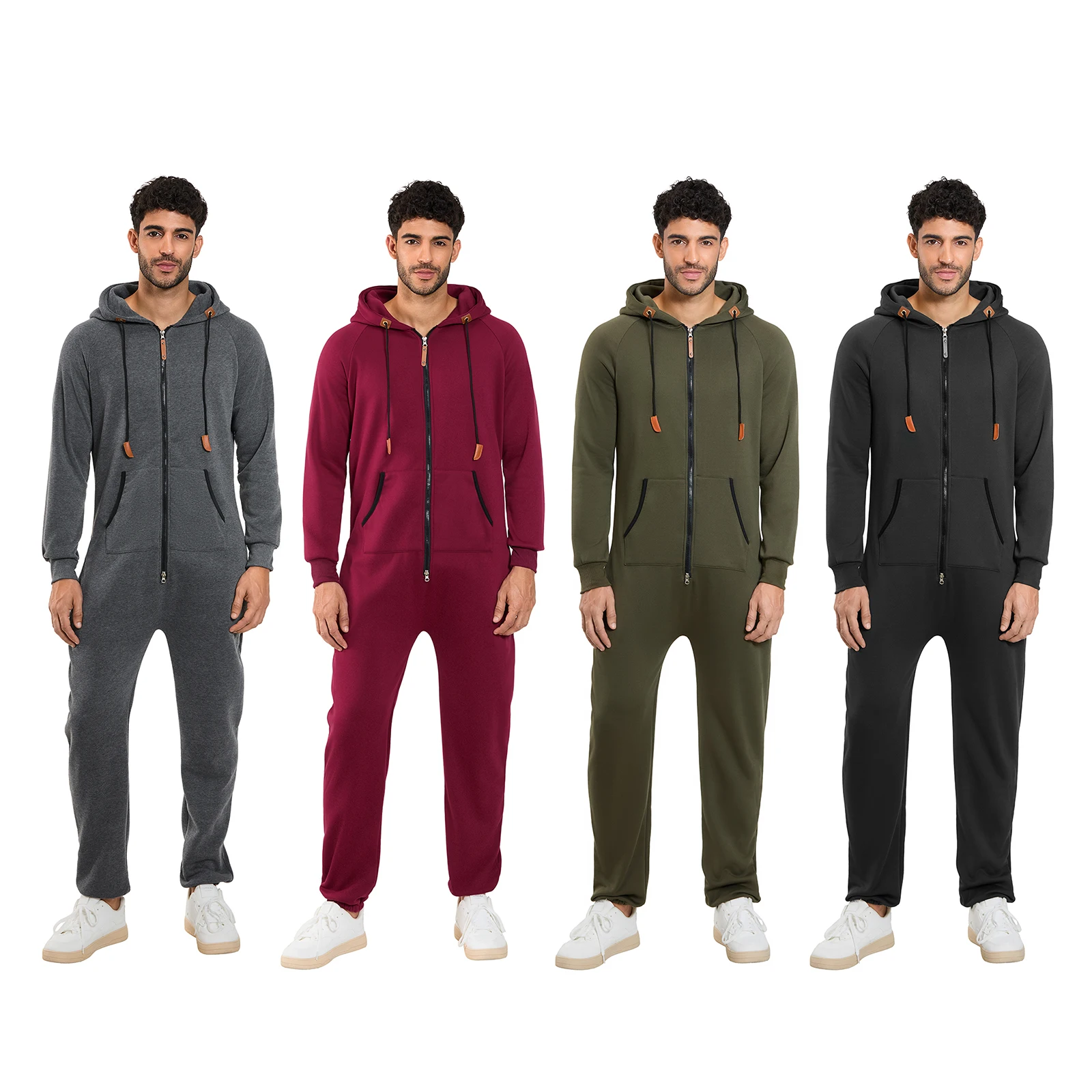 

2026 Winter Fashion Men's Hooded Fleece Lining Jumpsuit Male Long Sleeve Full Zipper Overalls with Kangaroo Pockets Casual Pants