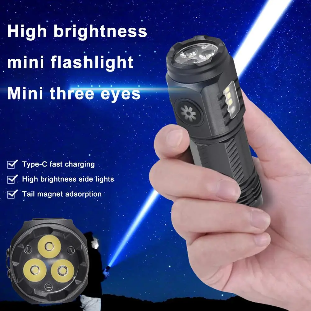 New Product Three-eye Bright Flashlight Charging With Side Portable Pen Magnetic Light Mini Clip Strong Abs T3T8