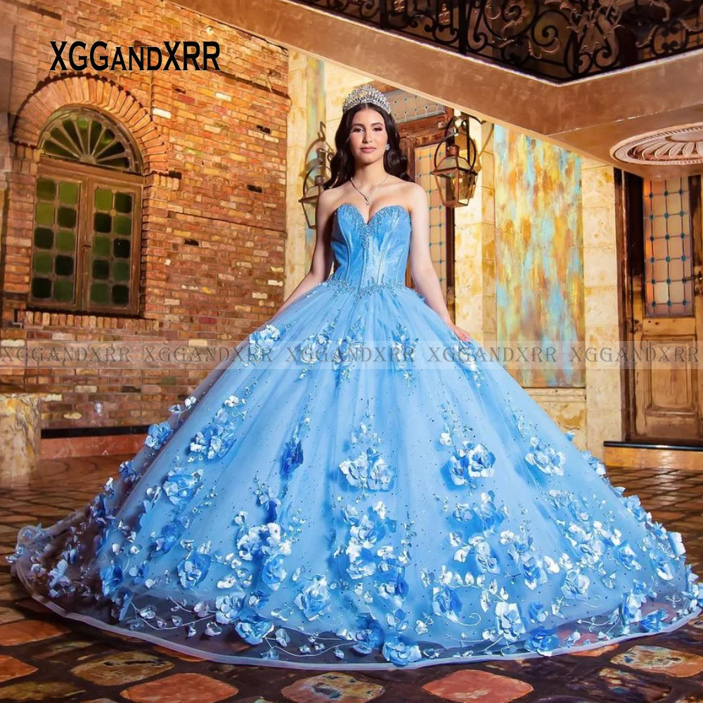 Yellow Quinceanera Dresses 2022 Sweetheart Backless Flower Ball Gown Prom Party Formal Pearls Blue Long Sweet 15 16 Birthday