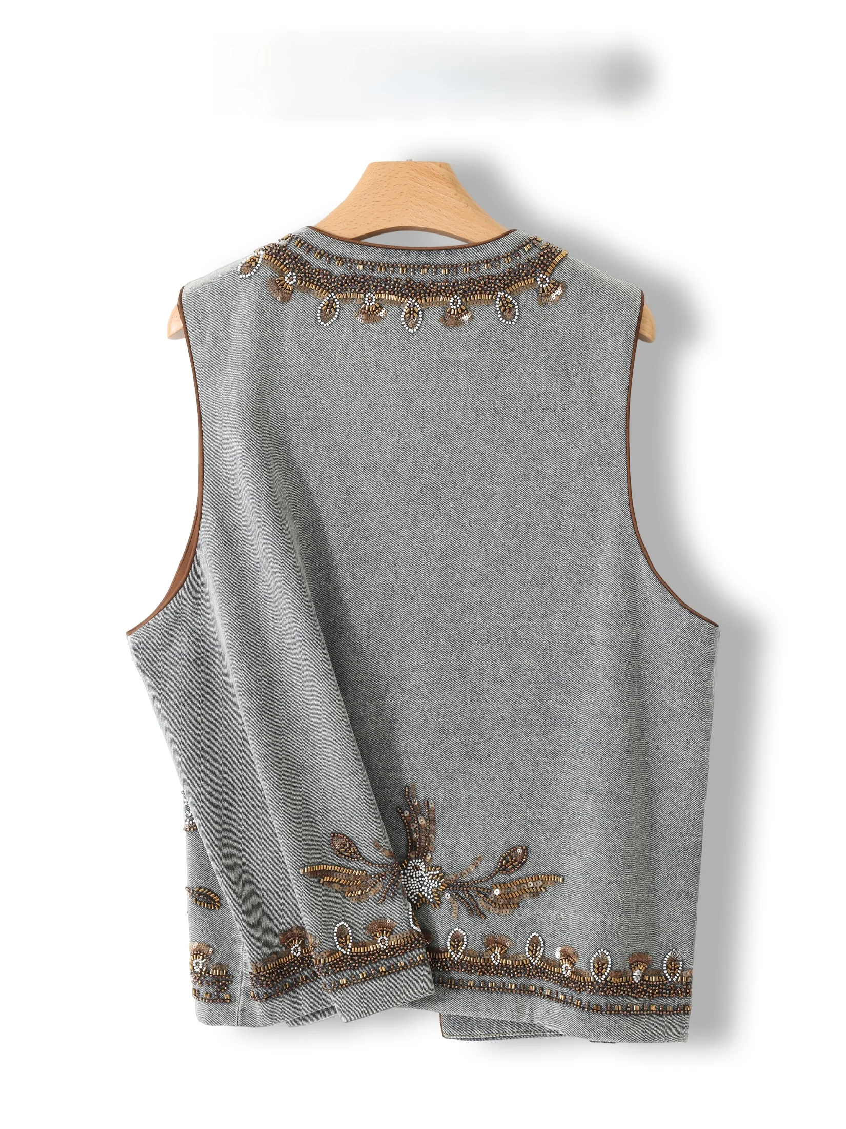 Elegant Embroidered Denim Vest Women's Fashion Large Size Top Heavy Work Bead Embellished Outerwear round Neck Single Button