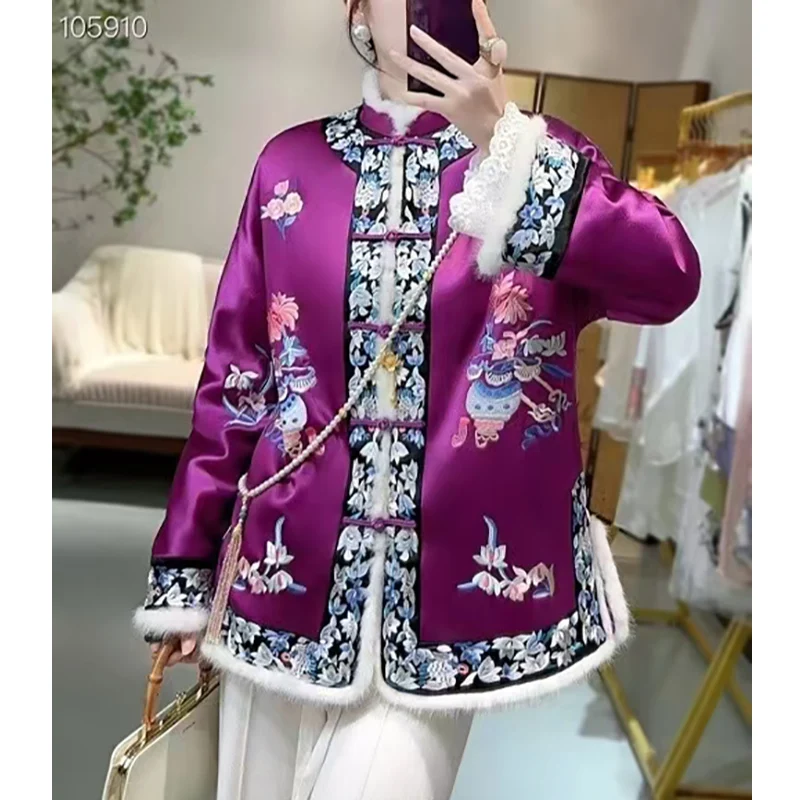 Chinese style Single Breasted Cotton Jacket Women's Autumn and Winter Loose Acetate Retro Embroidery Stand Collar Coat S-XXL