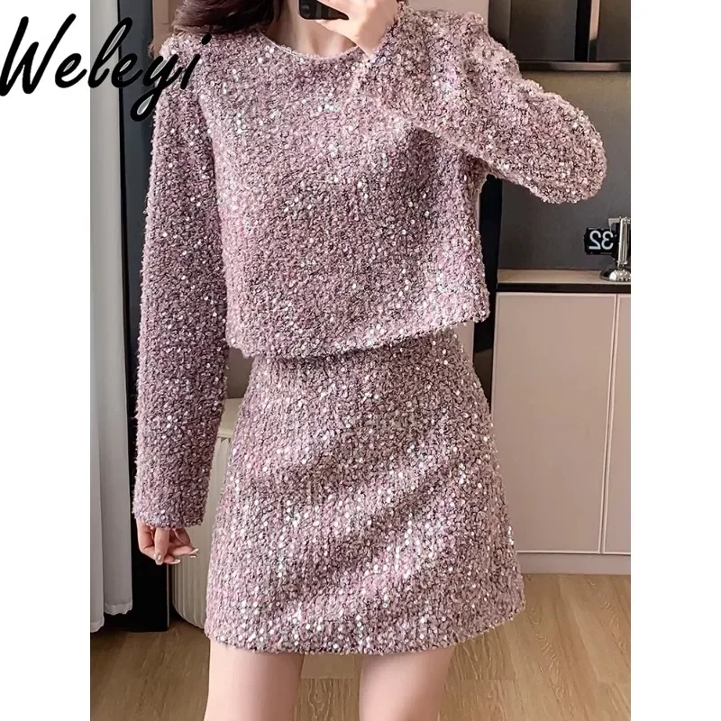 Autumn Elegant Beaded Sequined Top Mini Skirt Suit Business Ladies 2024 New Korean Style Temperament O Neck Tops 2 Pieces Set