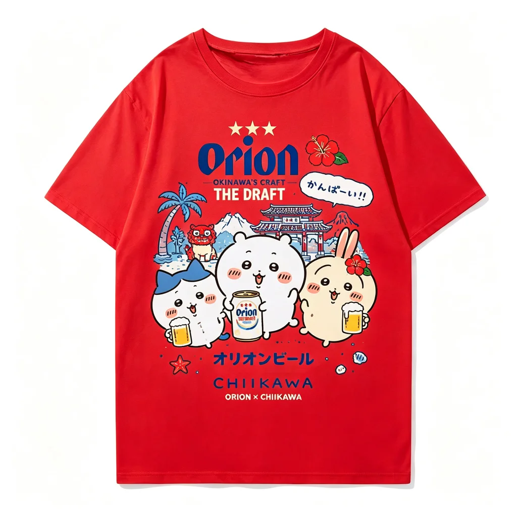 Kawaii Anime Sommerurlaub Ästhetik Chiikawa Orion Bier Okinawa Kollaborations-Print Baumwolle Herren Damen Universelles Rundhals-T-Shirt – Detail 6