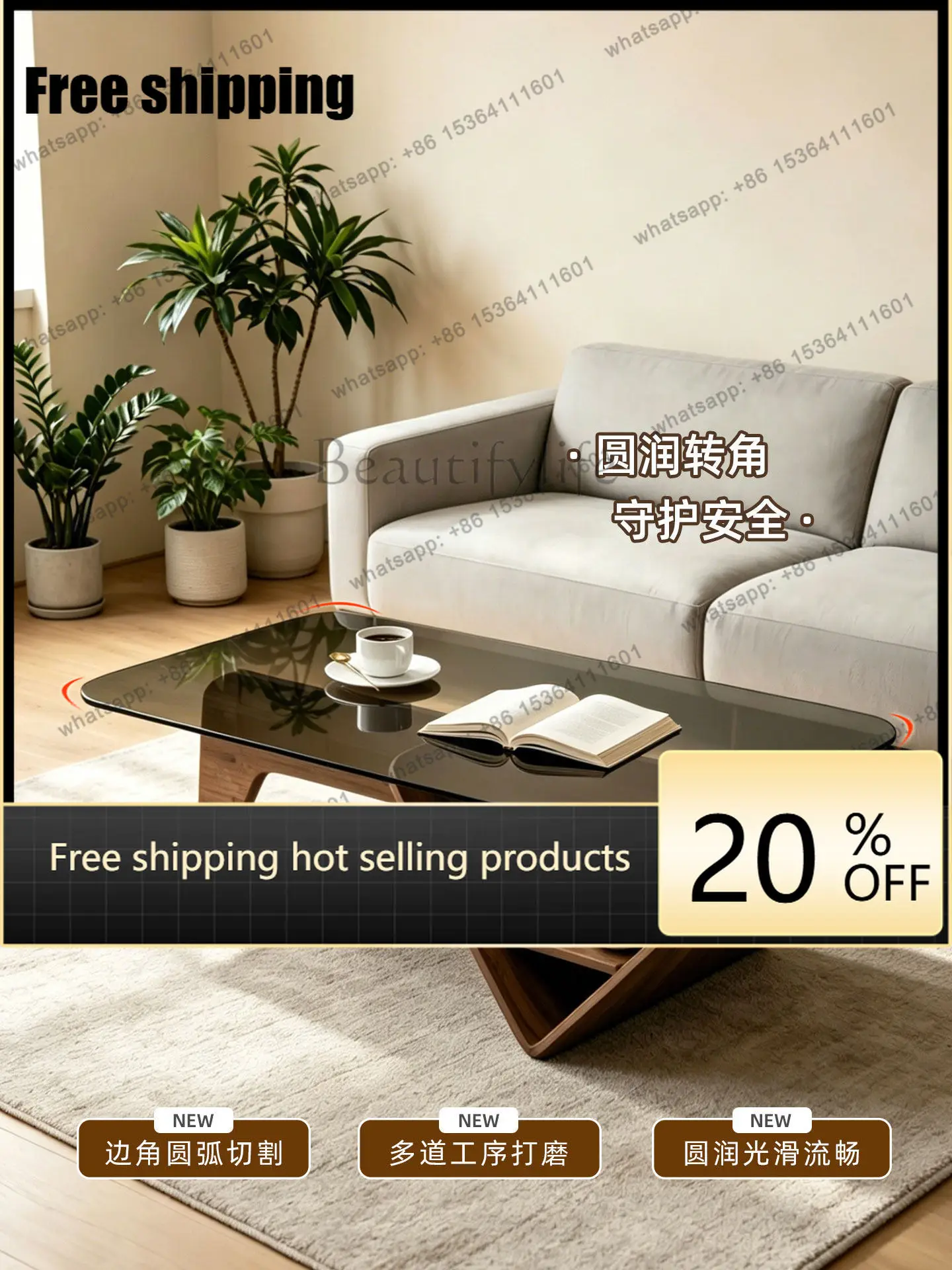 Factory Direct  simple modern tempered glass coffee table solid wood living room home light luxury minimalist style office coffe