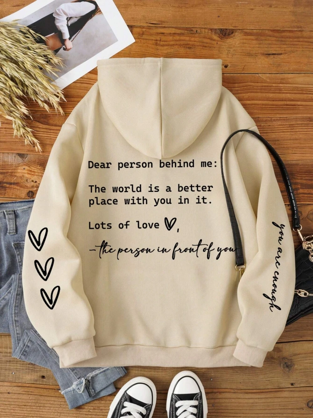 Dear Person Behind Me Letter Graphic Print Hoody Women's Fashion Soft Sweatshirt Autumn Warm Fleece Hooded Casual Loose Tops