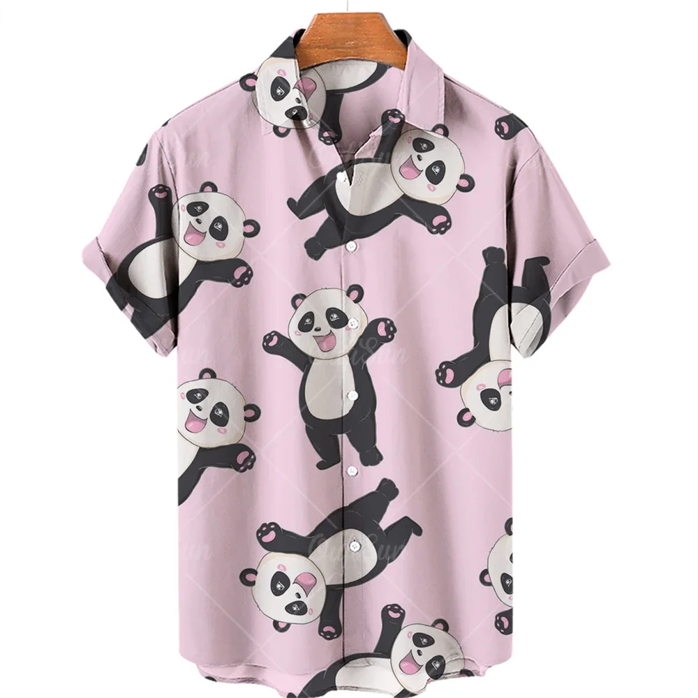 Cute Panda Print men\'s short-sleeved Shirt 2023 New Fashion And Comfortable men\'s Casual Tops Cute Panda open-neck Short Sleeves