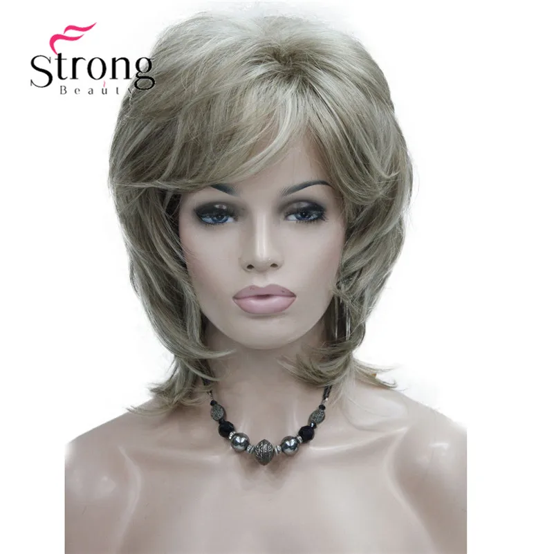 StrongBeauty Short Layered Brown with Blonde Highlighted Classic Cap Full Synthetic Wig Women\'s Hair Wigs COLOUR CHOICES