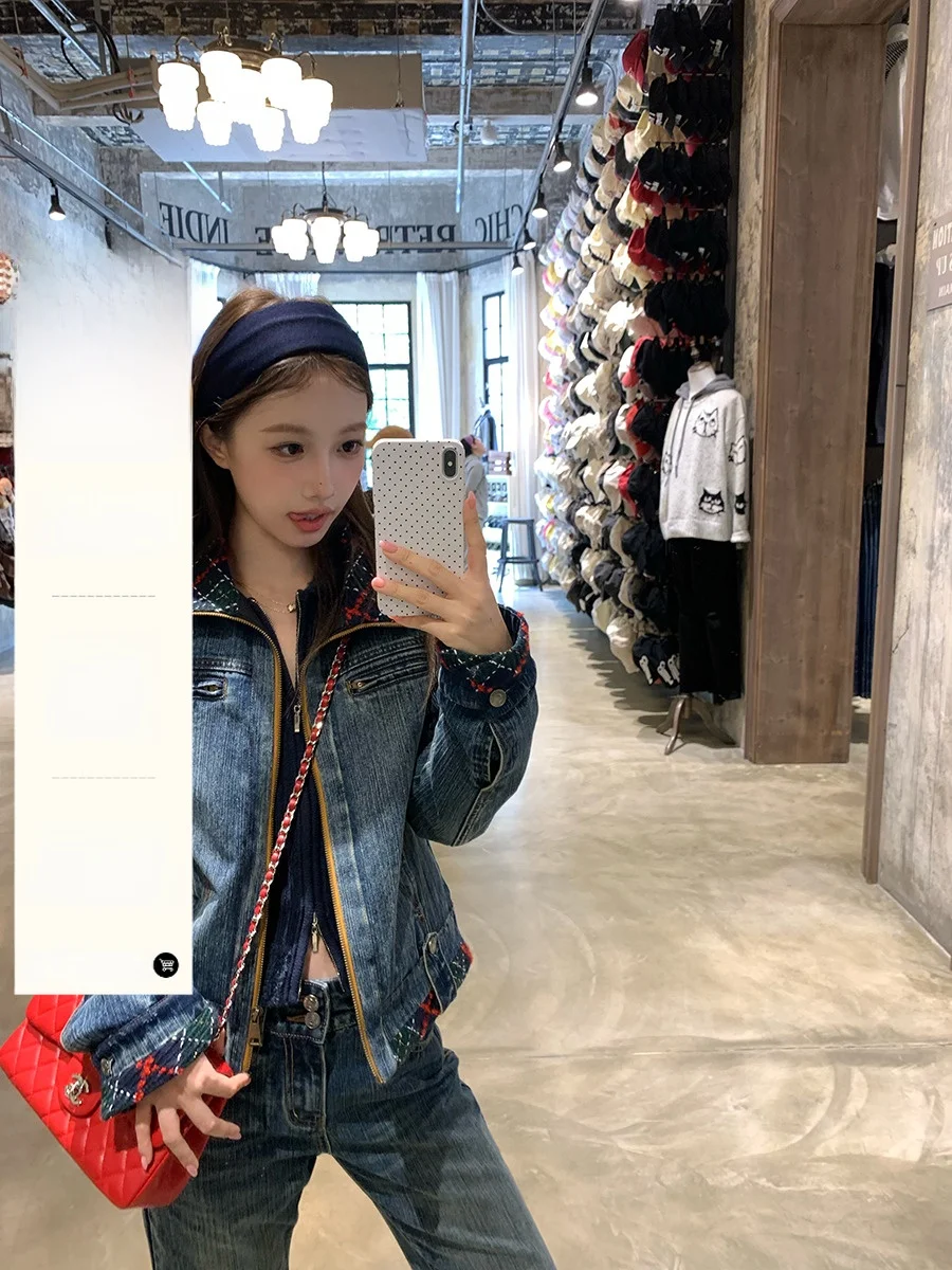 

Waed Denim Cotton Jaet with Plaid Collar Color Blo Street Sle Thiened Winter Coat for Young Women in China