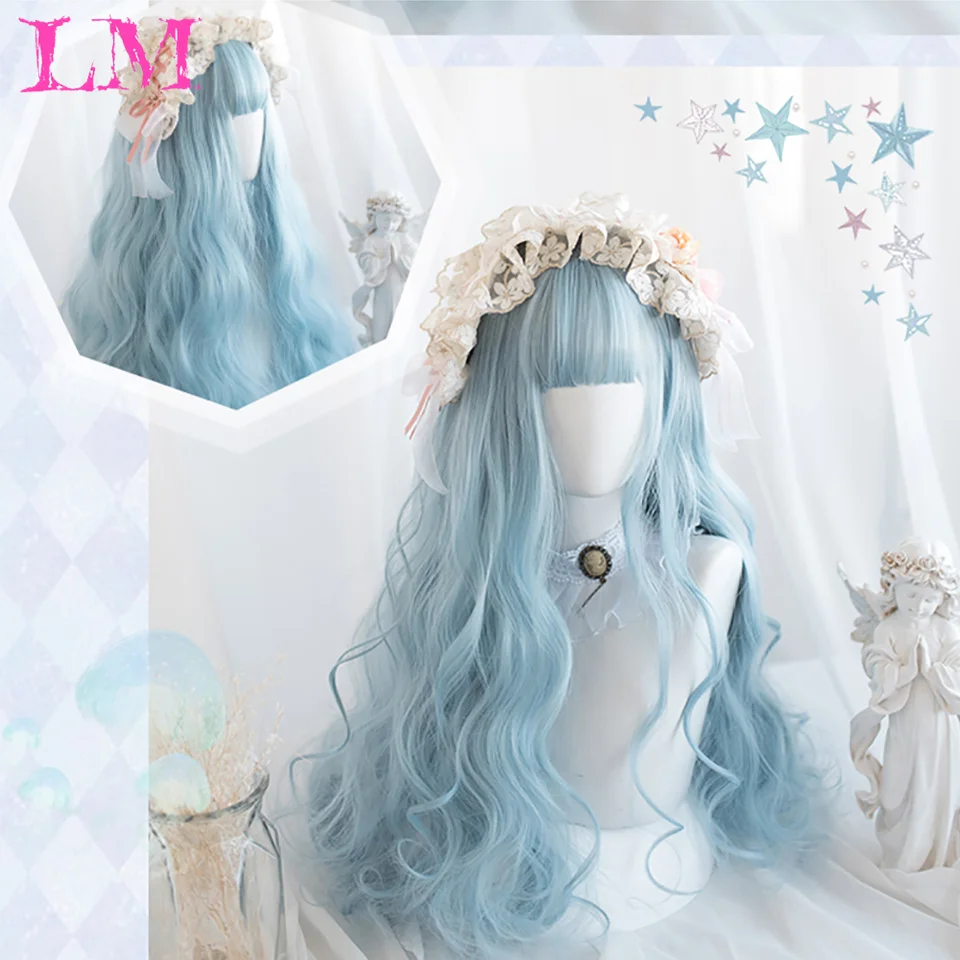 Lm cor azul perucas sintéticas com bang longo natural ondulado peruca de cabelo para uso diário feminino cosplay drag queen resistente ao calor