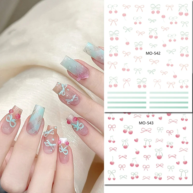 

5d Embossed Nail Art Stickers Summer Jelly Cherry Pink Blue Bowknots French Tips Stripes Sliders Decals Decorated Nail Manicures