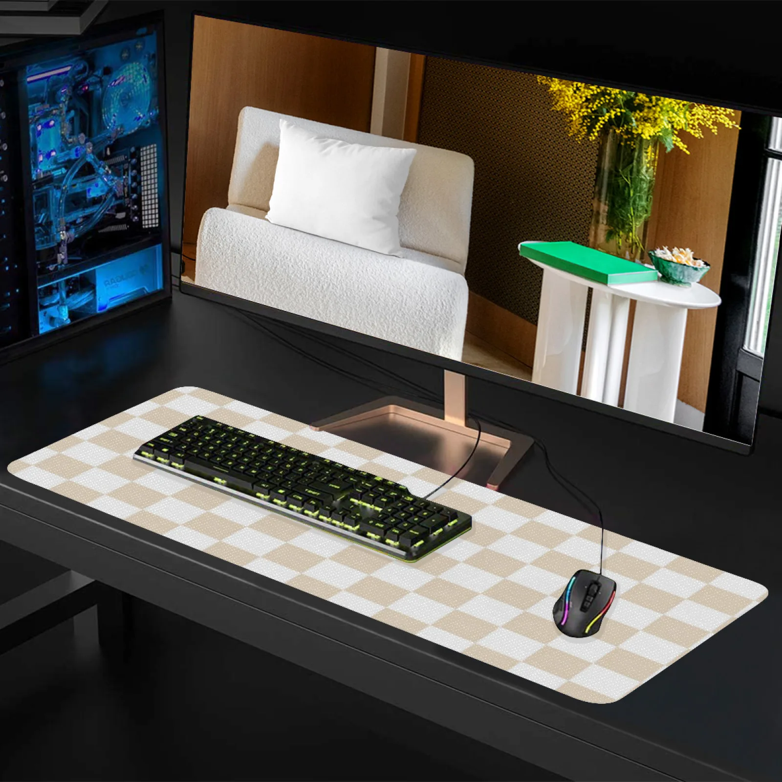 White Checkerboard Desk Mat Non-Slip for Computer Office Gaming Light Beige White Checkered Pattern Accessory Grip Wrist Mat