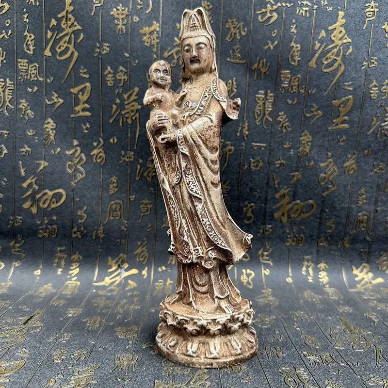 Antiqued Patina Home Decor Living Room Tabletop Ornament - Lotus and Guanyin Figurine Craft Decoration