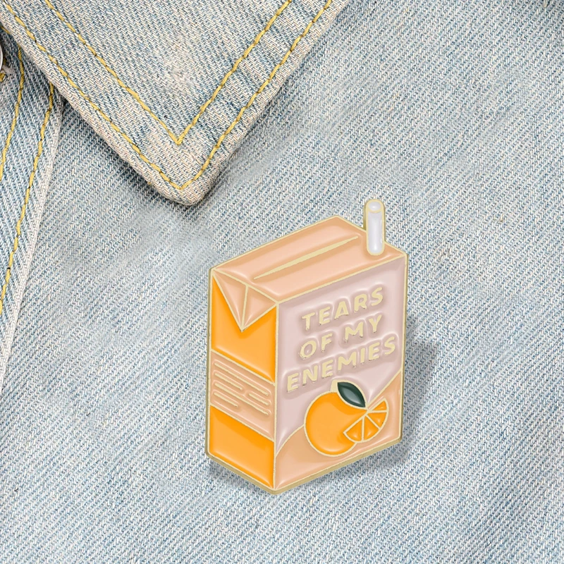 TEARS OF MY ENEMIES Enamel Pins Custom Orange Juice Drink Brooches Lapel Badges Food Jewelry Gift for Kids Friends