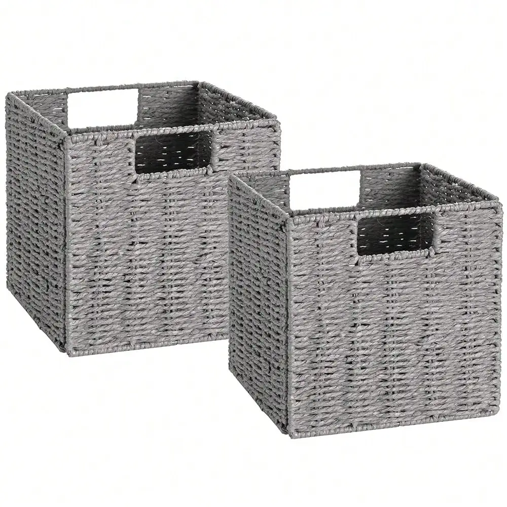 

Wicker Storage Basket, Set Of 2 Hand-Woven Paper Rope Wicker Basket, Foldable Cube Storage Bins, Square Large Storage Baskets Fo