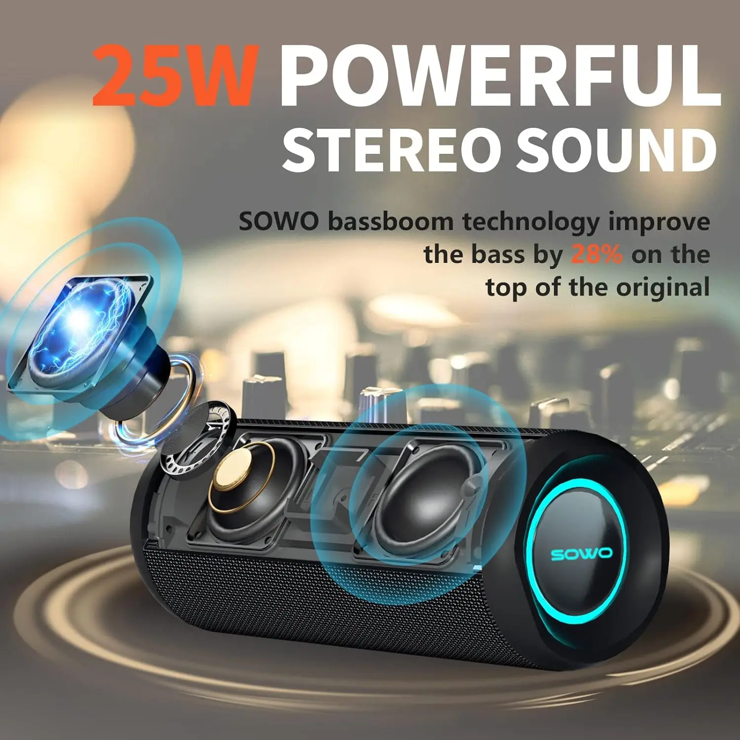 Wireless Portable Speaker,IPX7 Waterproof Bluetooth Speaker, 25W Loud Stereo Sound,  Built-in Mic, 16H Playtime with Lights