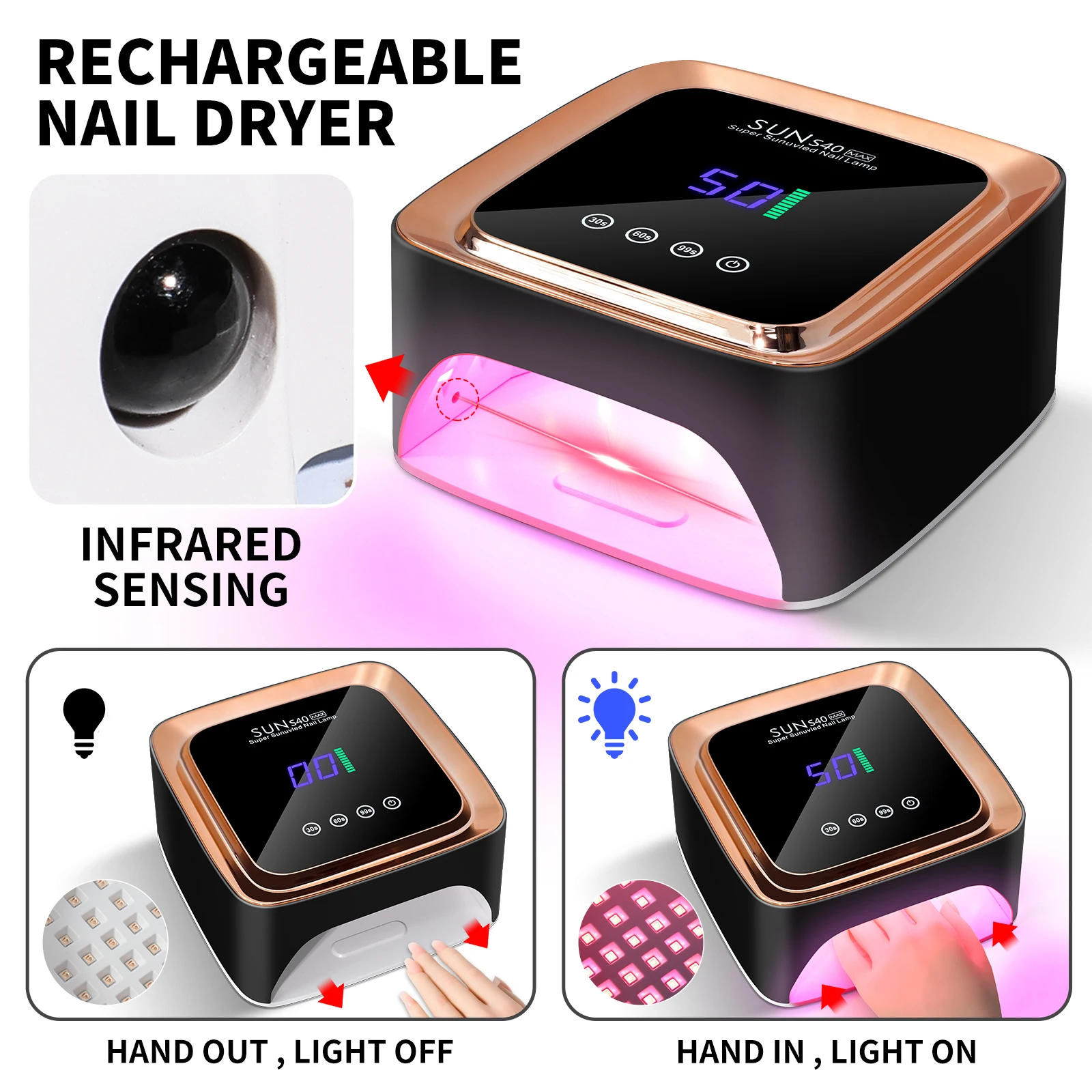 57 Lampada per unghie UV LED Asciugacapelli gel ricaricabile con timer Sensore automatico Display LCD Strumento luminoso per manicure a grande schermo