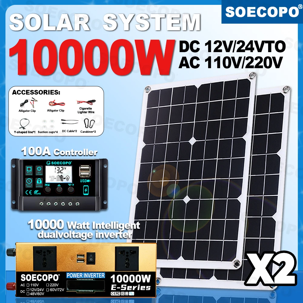 SOECOPO 10000W Solarenergie-Kit 2*500W Solarmodule USB 5V/1,5A DC 12V - AC 110V/220V Wechselrichter 100A Controller Camping Home