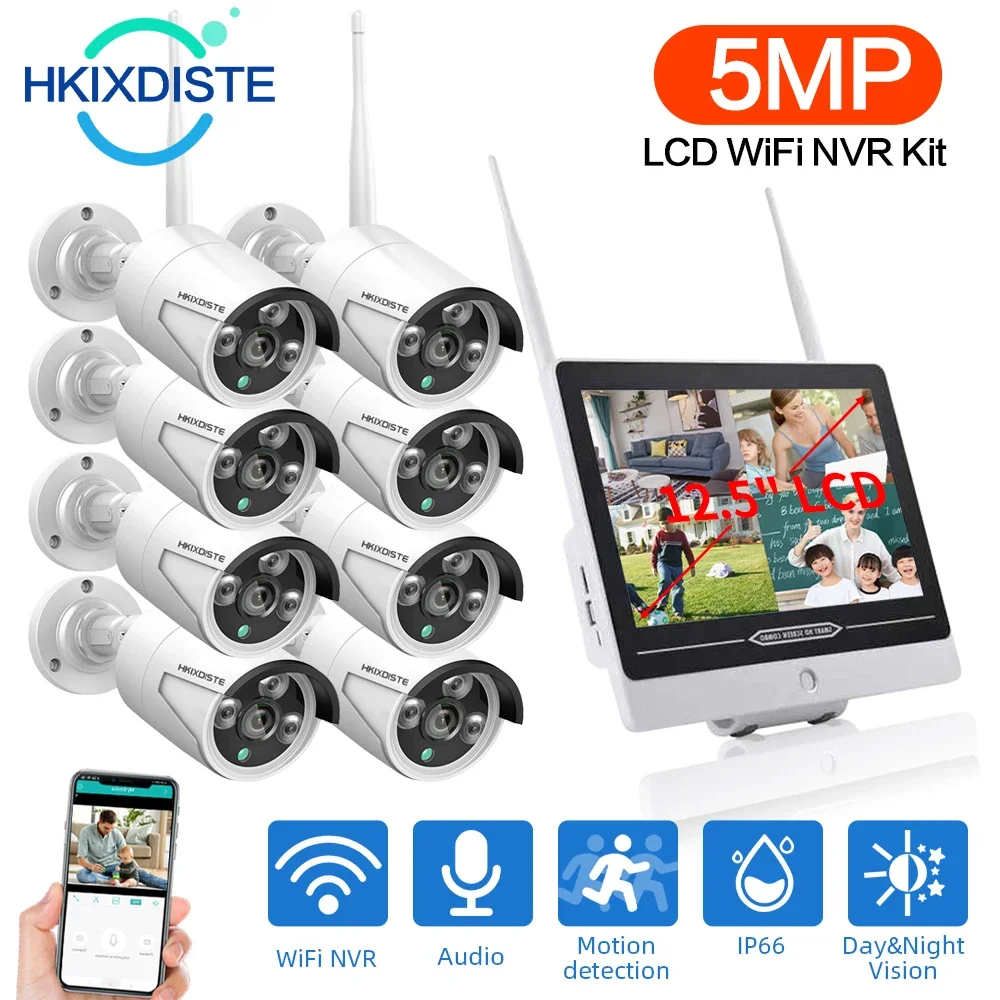 5MP 8CH Wireless Audio CCTV Security Camera System H.265 12.5 Inch LCD Screen NVR WIFI Outdoor IP Camera With Wireless monitor