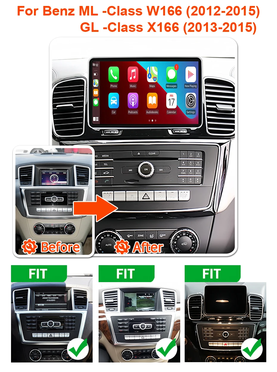 9 Zoll Snapdragon 8-CORE Wireless Carplay Android 15 Autoradio-Bildschirm für Mercedes Benz ML W166 GL X166 GL550 Bluetooth Autoradio GPS Multimedia Player WLAN 4G LTE – Detail 1