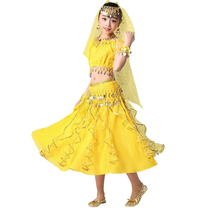 

Girls Deluxe Arabian Jasmine Princess Belly Dance Costume Set Kids Halloween Outfit with Headband Top Skirt Belt for Party