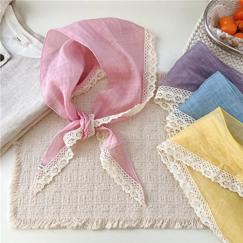 Solid Triangle Lace Scarves Neck Ornament Wrap Scarf Neckerchief Ribbon Hair Band Decoration Headscarf Turban Bandanas for Women