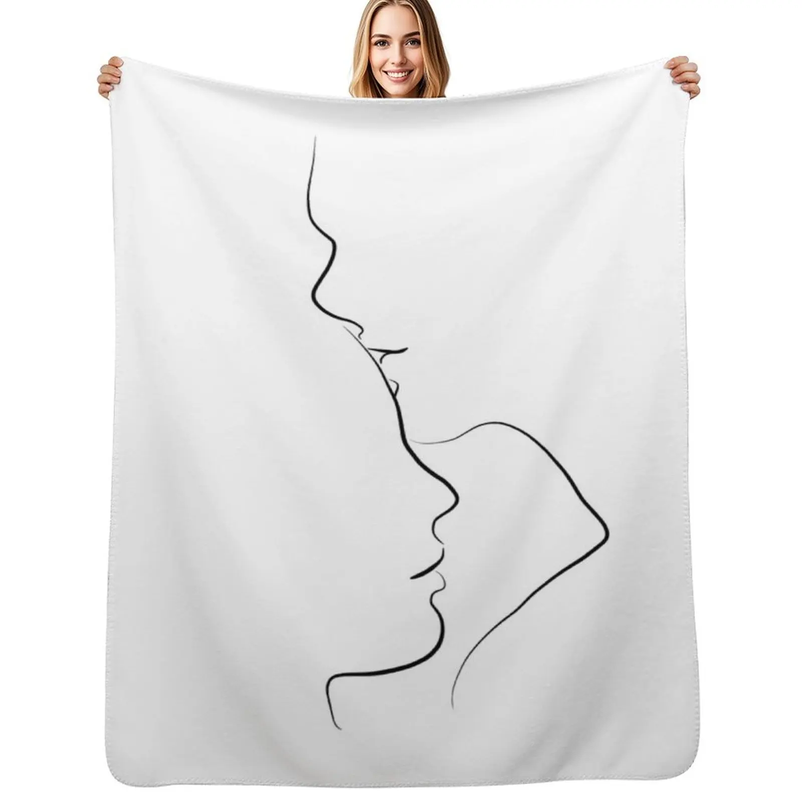Forehead Kiss Line Art Drawing in Black and White Throw Blanket Large decorative Warm Bed linens Luxury Thicken Blankets