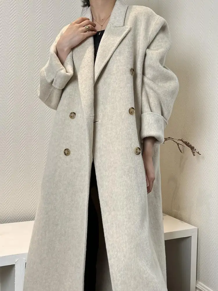 Office Lady Woolen Rabbit Hair Jackets 2024 Fall And Winter Suit Collar Double Breasted Loose Long Women\'s Wool Coats