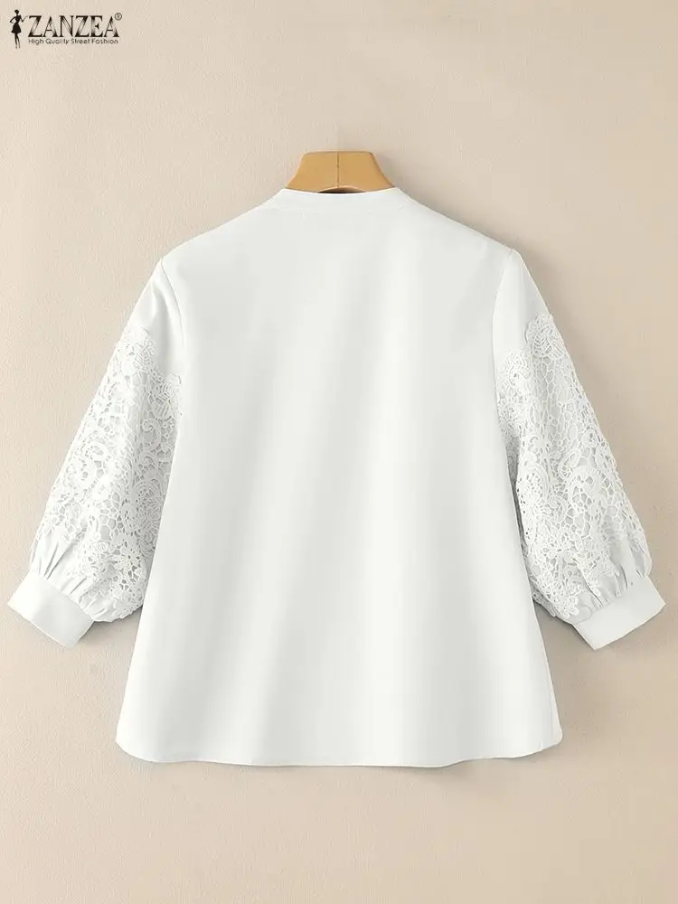 우아한 셔츠 ZANZEA 가을 레이스 패치워크 셔츠 여성 우아한 3/4 랜턴 슬리브 워크 블라우스 여름 탑 솔리드 버튼 블라우스