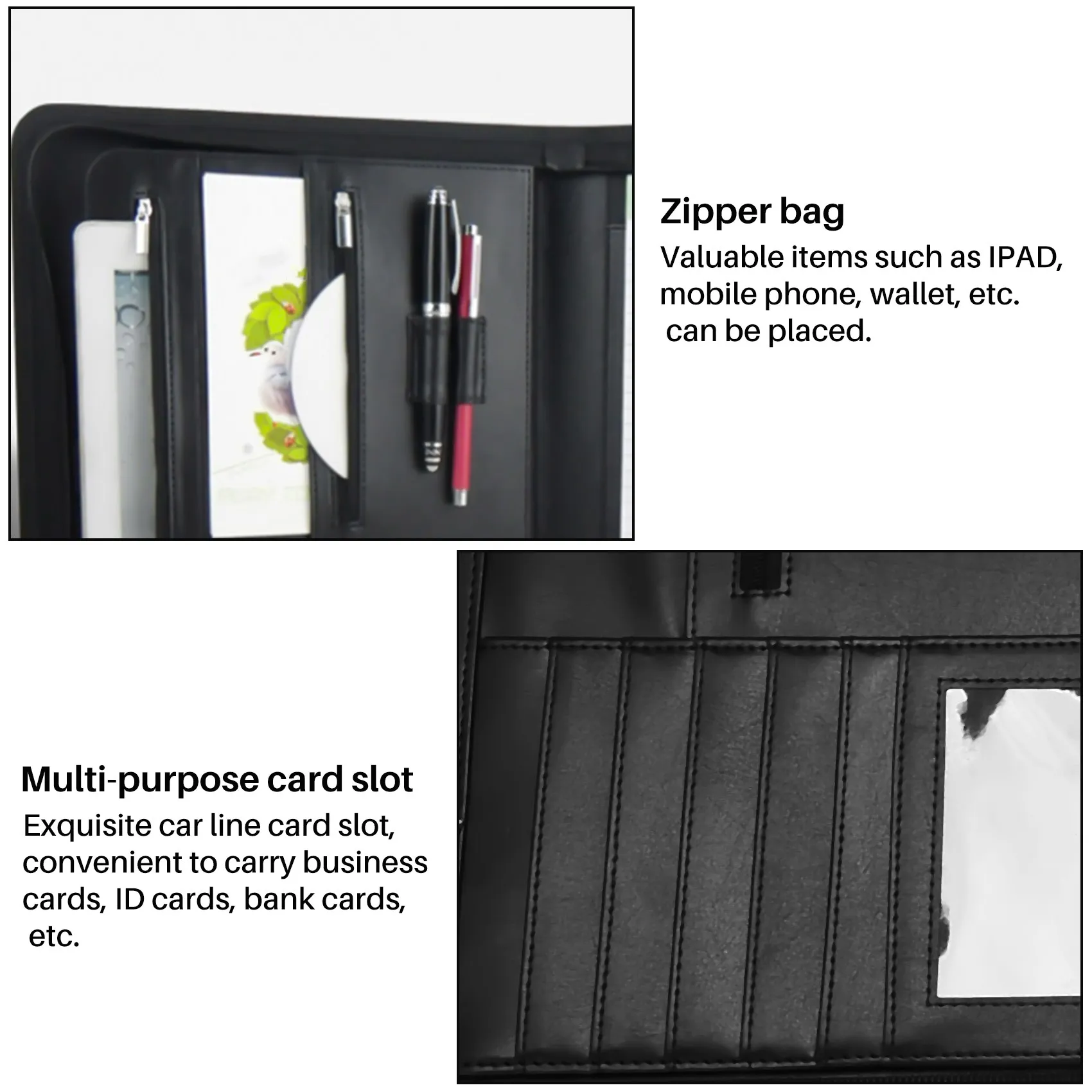 Map kulit Vegan penutupan berritsleting portofolio untuk bisnis IPad/meja dan wawancara kartu melanjutkan Binder