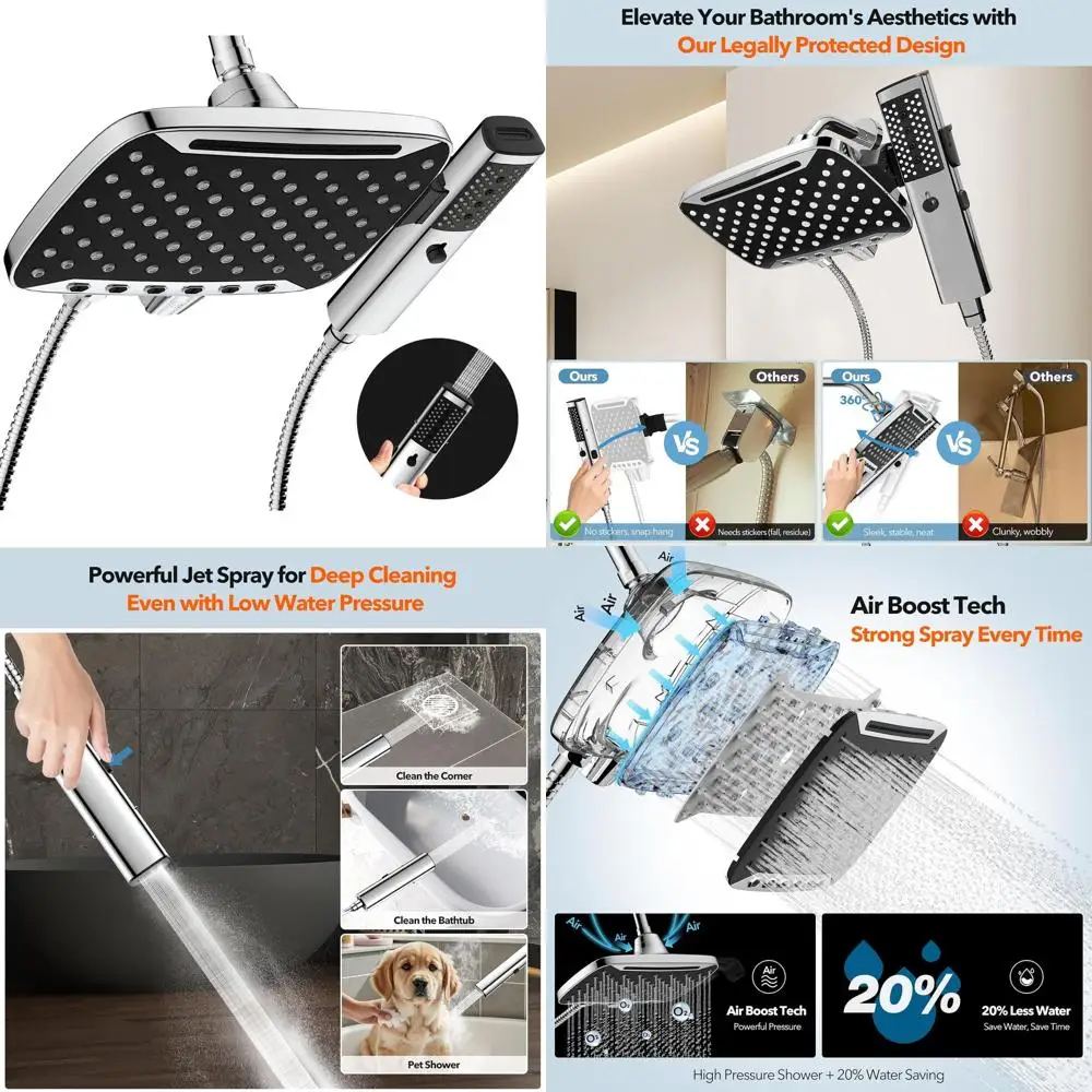 رأس دش مزدوج محمول مقاس 10 بوصات مع 7 أوضاع للرش وخرطوم من الفولاذ المقاوم للصدأ #1