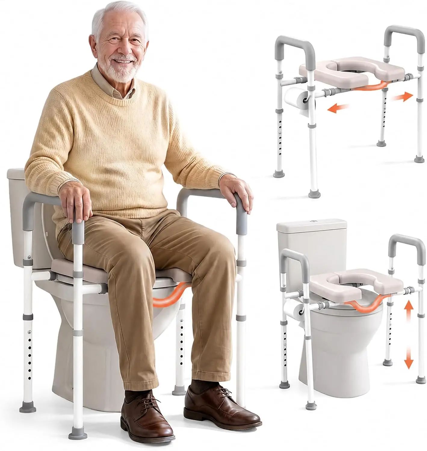 Raised Toilet Seat with Handles, Male-Friendly, Adjustable Width & Height | Toilet Seat Riser for Seniors, Elderly & Handicap, 4