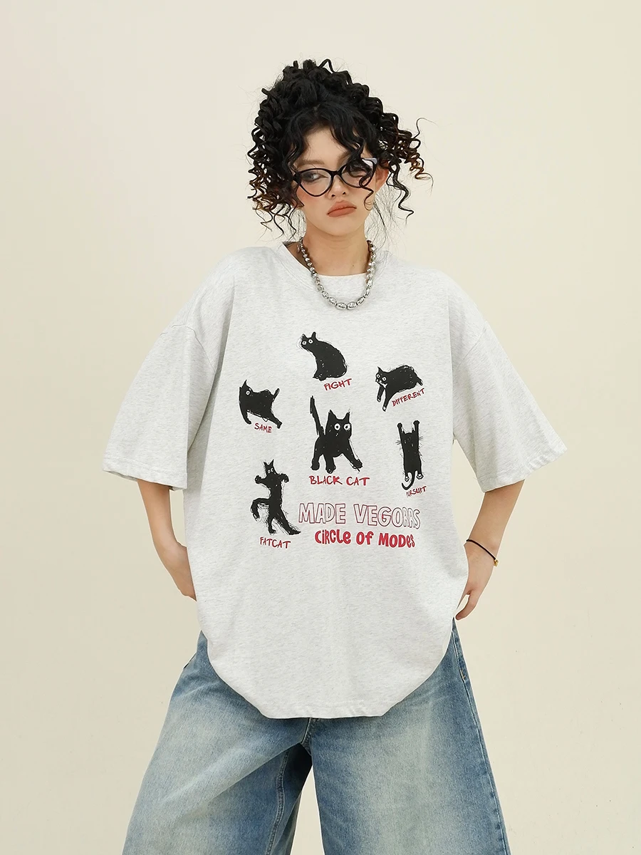 Hand-painted Black Cat Print Short-sleeved T-shirts 2024 Summer New Loose Bf American Street Ins Top Women