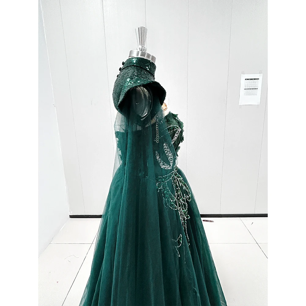 Chic Green Evening Dresses Cap Long Sleeve High Neck Floor Length Appliques Sweep Train Prom Dress Special Occasion Vestidos