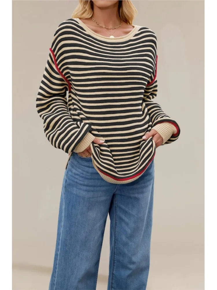 

2025 New Autumn And Winter Striped Knitted Tops For Woman Round Neck Pullover Loose Long Sleeved Commuting Sweater