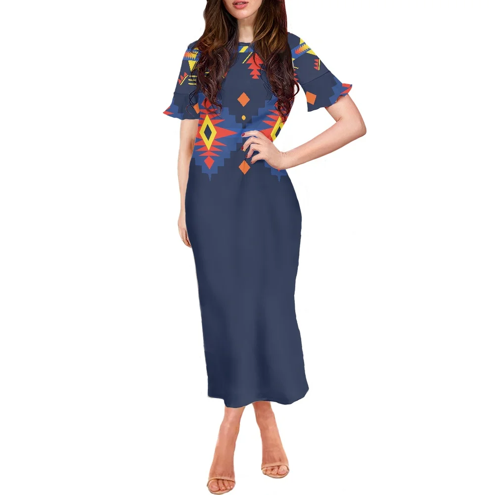 

2022 Aztec Style Tribal Geometric Pattern Print Ruffle Short Sleeve Dresses Women O-neck Beach Summer Party Casual Long Dresses