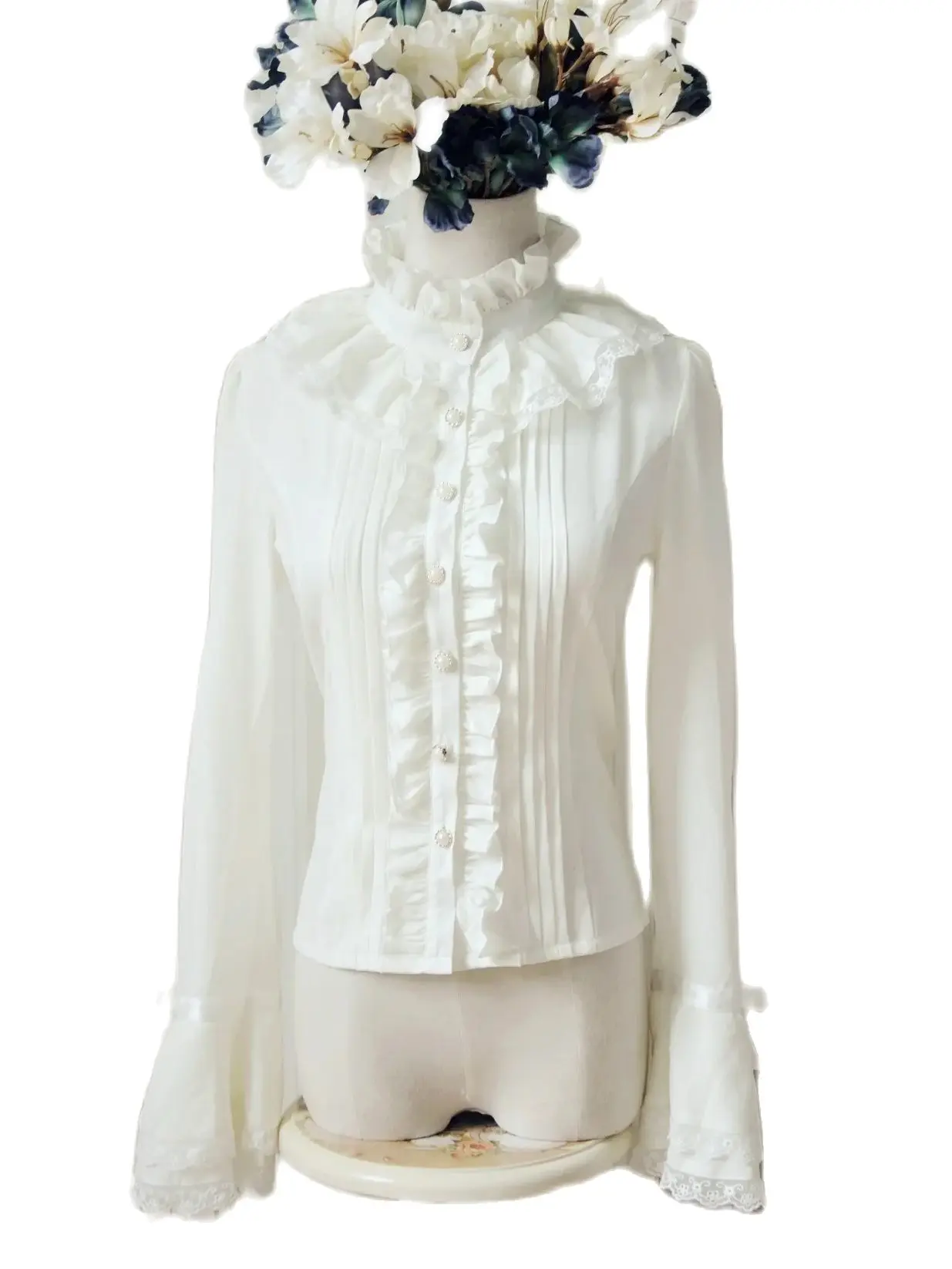 

Women's White Loita Long Sleeve Collar Slim Chiffon Shirt With Founces