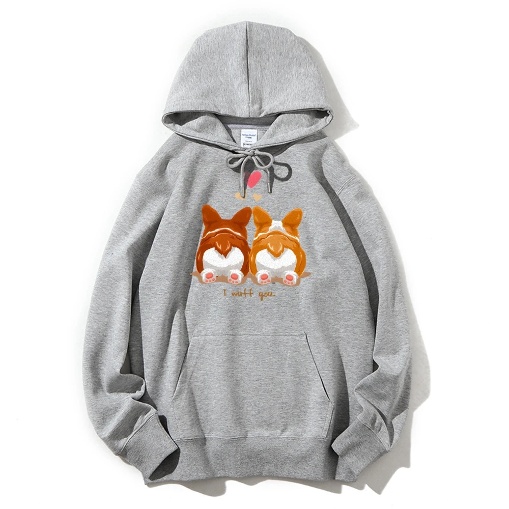 Corgis com corações estampados Y2k moletom com capuz gráfico fofo romântico e inspirado em canino estilo Kpop tecido macio para aparência casual com tema de animais de estimação