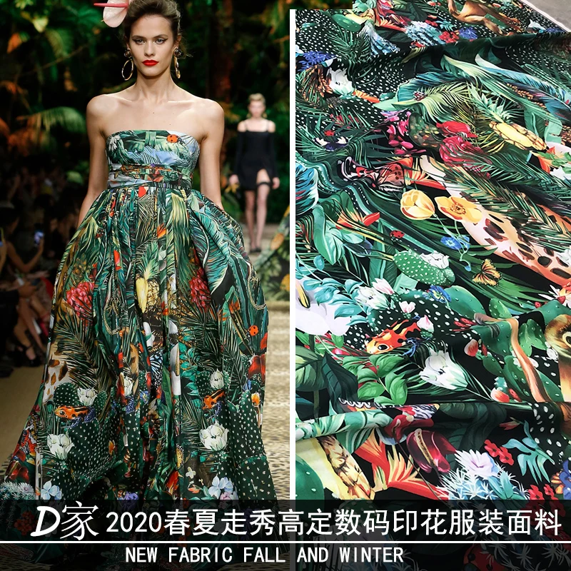 Italian Luxury Brand mulberry silk Fabrics Dress Fashion Design DIY Material Wholesale Cloth Meter Print Tropical forest Fabric