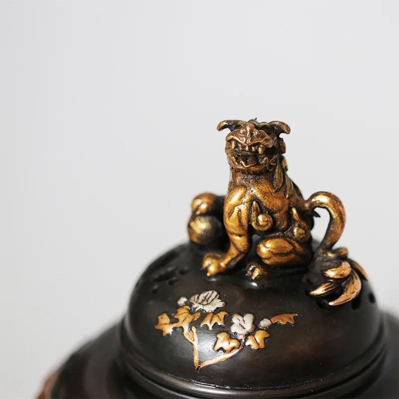 Japanese Original Imported Gaogang Copper Incense Burner Dafeng Lion Cover Three-Legged Incense Burner