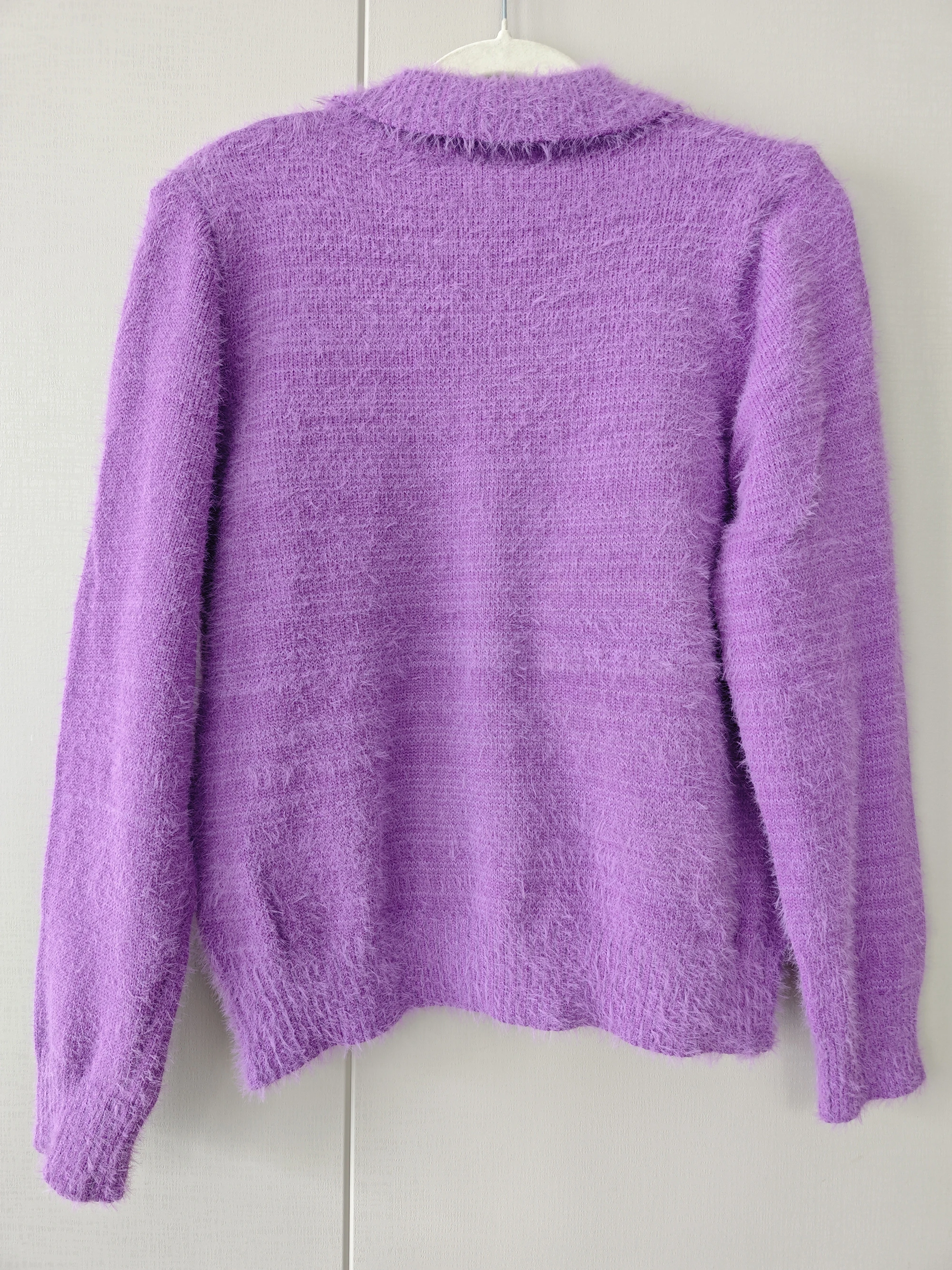 สีม่วงถักเสื้อกันหนาวนุ่มขนาดเล็กลมหอมหนาเสื้อกันหนาวผู้หญิงใหม่ Single Breasted Turn-down Collar ออกแบบกระเป๋าด้านบน