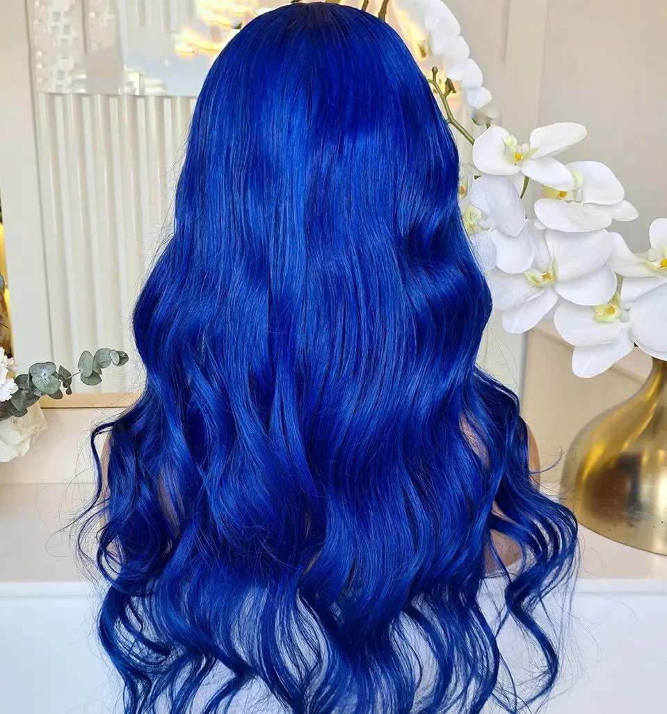 Blue Colored  Loose Wave Glueless Synthetic Hair Lace Front Wig For Black Women High Temperature Fiber  Hairline Cosplay