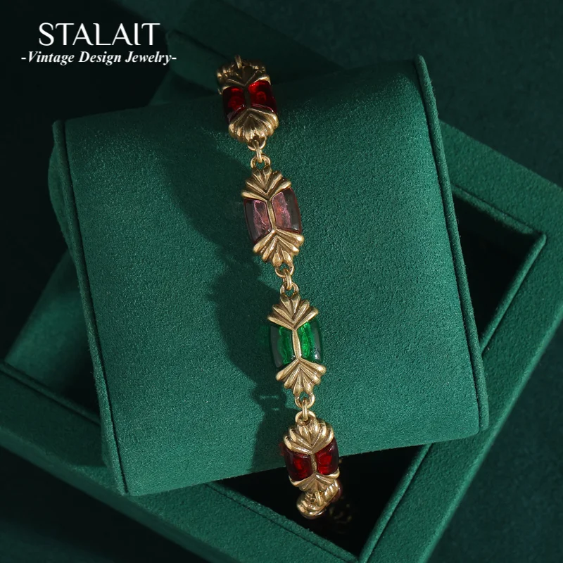 

Vintage Jewelry Enamel Pink Bracelet Beads Woman Green Tricolor Beans Gold Color Luxury Accessories Antique Valentine Day Gift