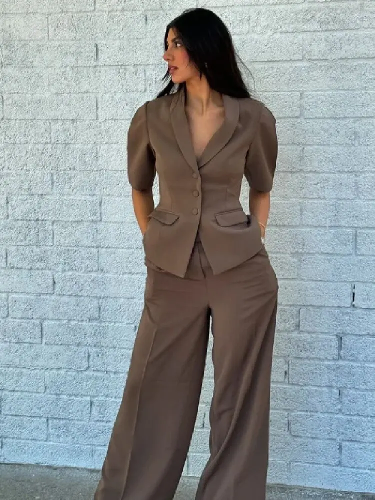

Spring women's fashion casual suit with elegant temperament, solid color short sleeved suit pants set for women