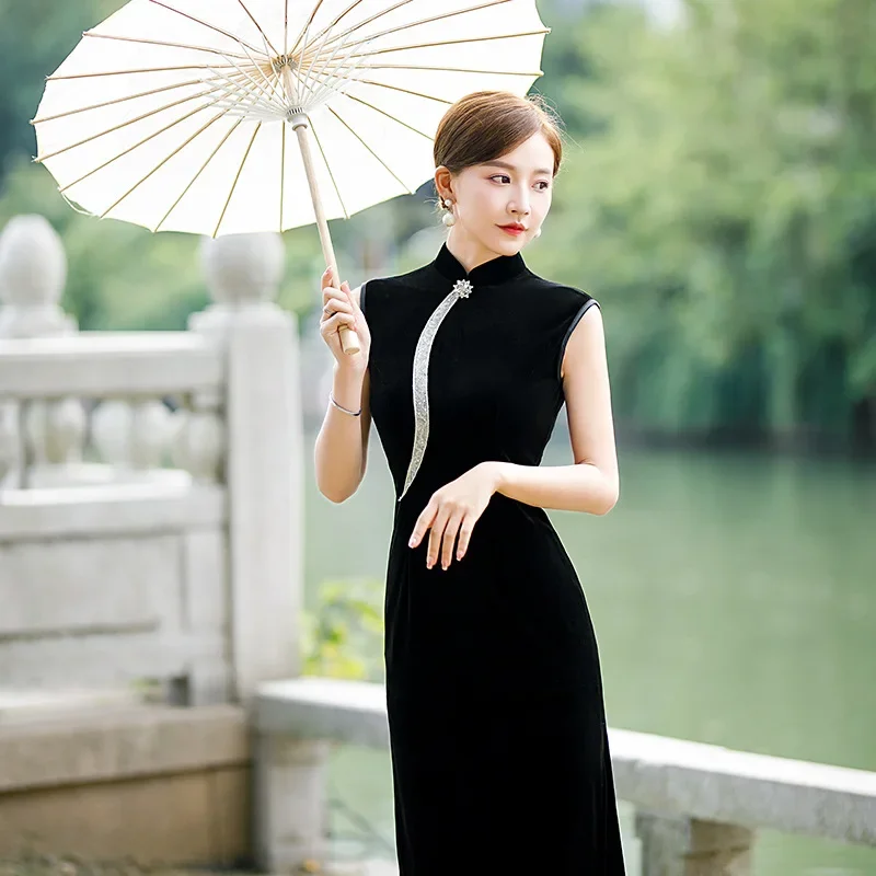 

Бархатное платье Cheongsam 2025 года, новое элегантное платье Cheongsam в китайском стиле, улучшенное модное платье Qipao