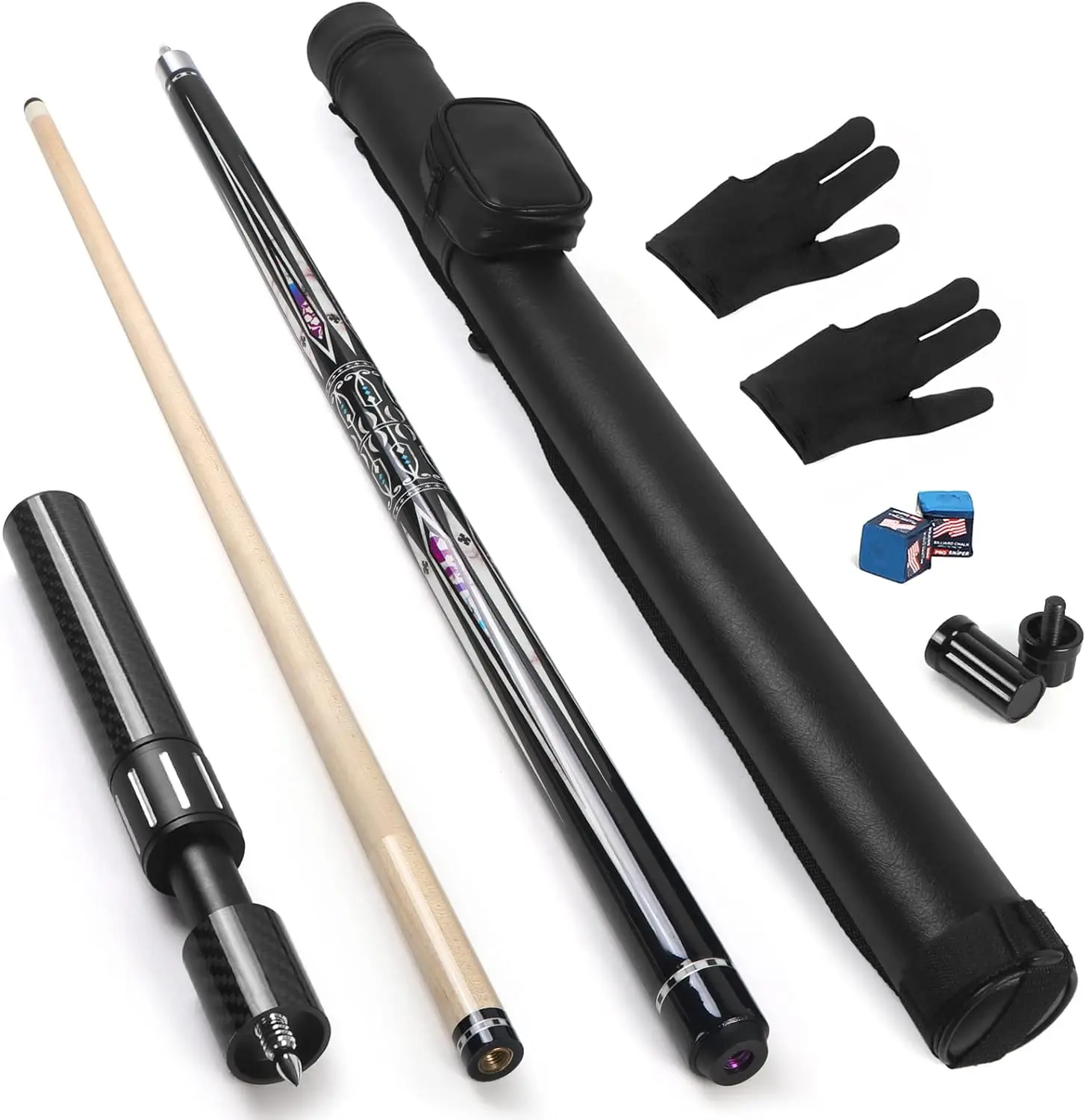 lotmusic Pool Stick with Telescopic Fiber Extension Cue,58 Inch Professional Pool Cue Stick Set with Black Pool Cue Case &