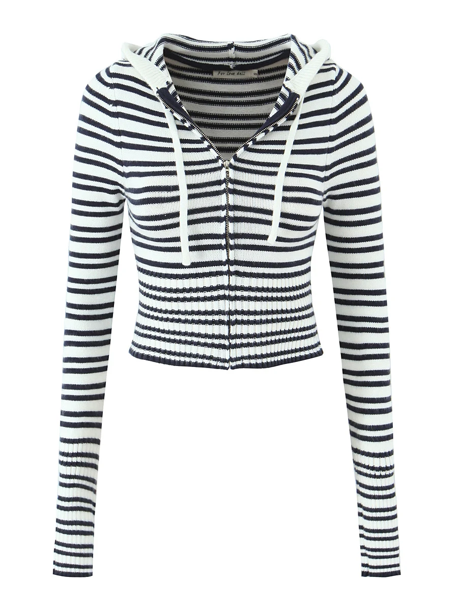 American Hot Girl Indigo White Stripes Knitted Casual Set High Waist Slim Fit Zipper Hooded Top Butt Covering Long Pants Trendy