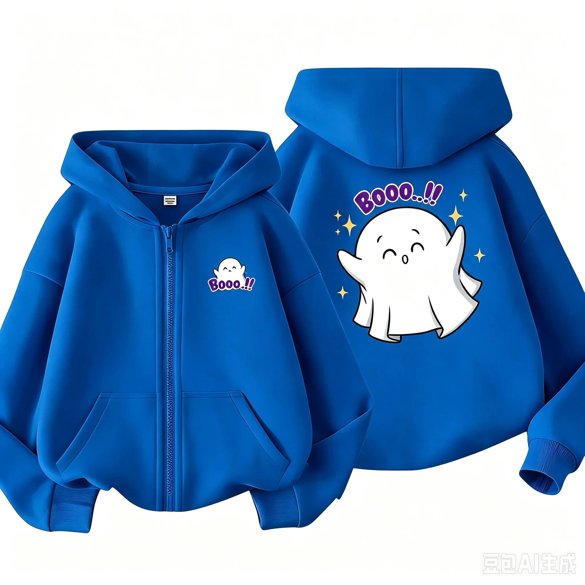 Children Halloween Zip Up Hoodie Lovely Booo Ghost Double Sided Print Boys Girls Long Sleeve Loose Hooded Outerwear